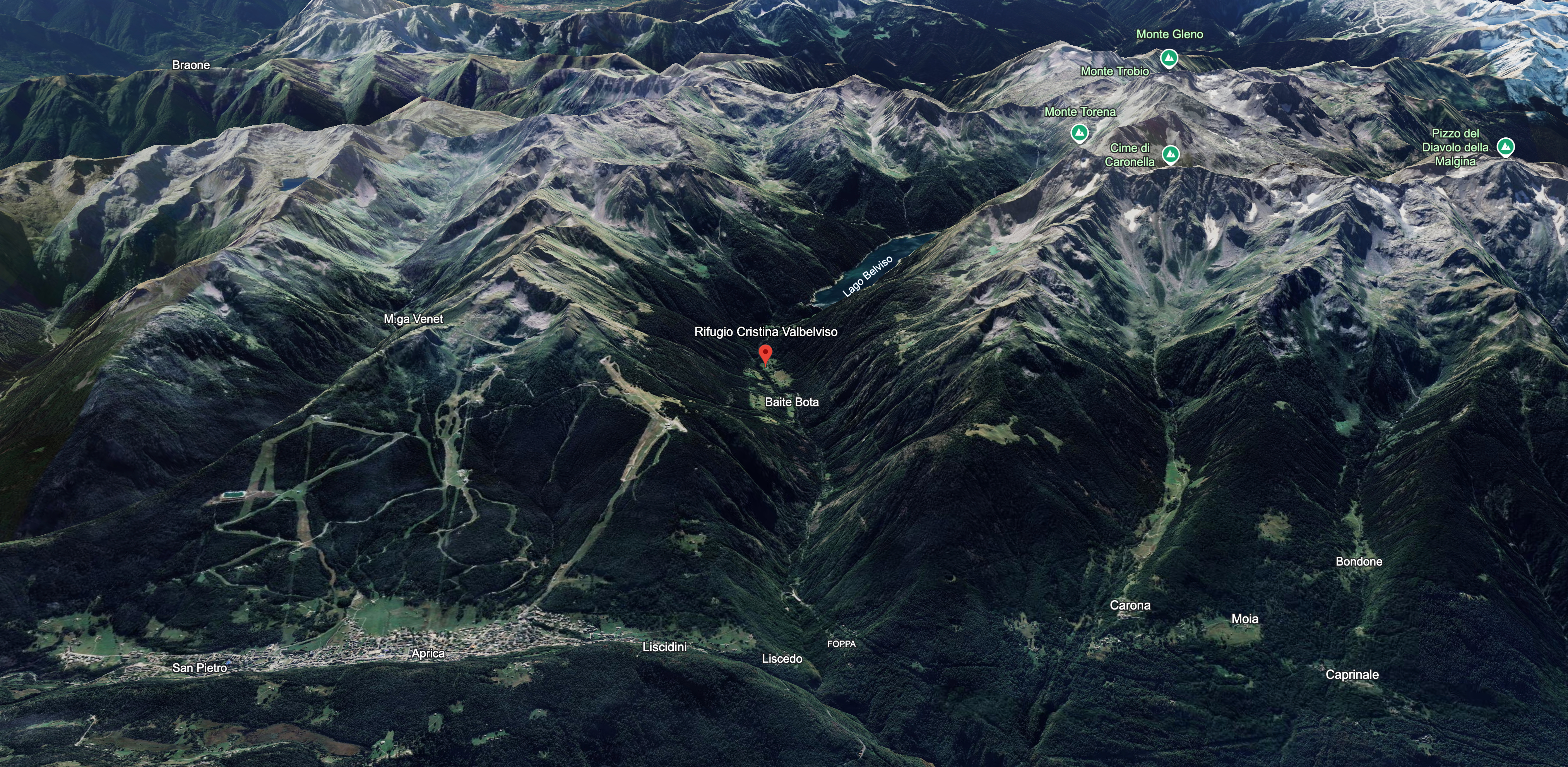 mappa tridimensionale della Val Belviso: Rifugio Cristina e diga di Frera